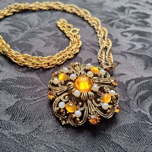 Vintage Gold Tone Necklace, Faux Pearl & Gem Stone Pendant Necklace